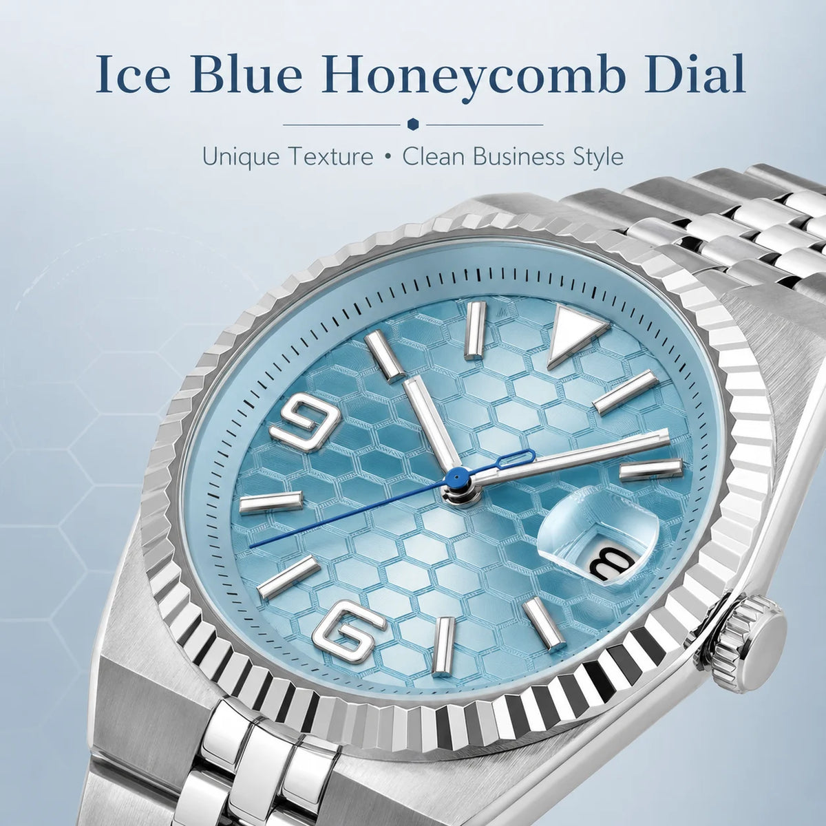 CORGEUT NH35A 8215 Automatic Watch Men Ice Blue Honeycomb Dial Sapphire Glass 100M Waterproof Luminous 316L Steel Wristwatch