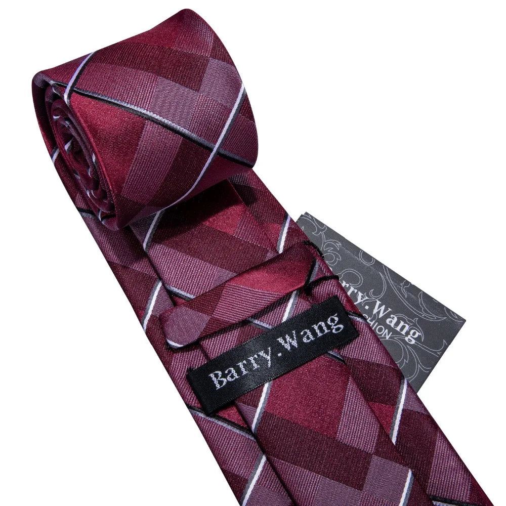 New Mens Wedding Tie Red Plaid Silk Tie Hanky Set Barry.Wang 8.5cm Fashion Designer Neck Ties for Men Party FA-5151