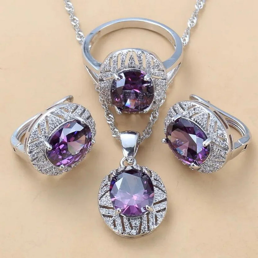 Smyckesset med safir för kvinnor, halsband med halo-hänge, örhängen och ring i 925 sterling silver, present med blå ädelsten för bröllopsfest