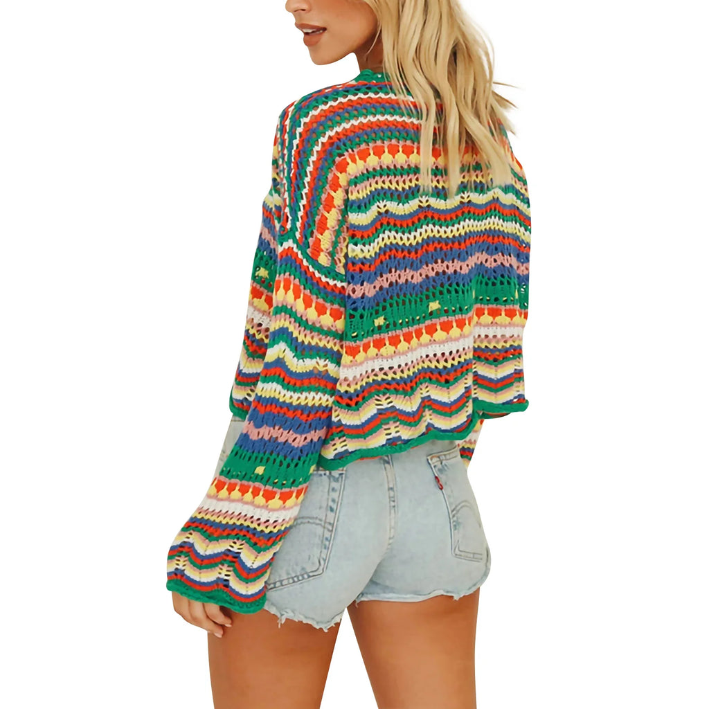 Meihuida Women's Loose Fit Sweater with Hollow Variegated Color and Long Flared