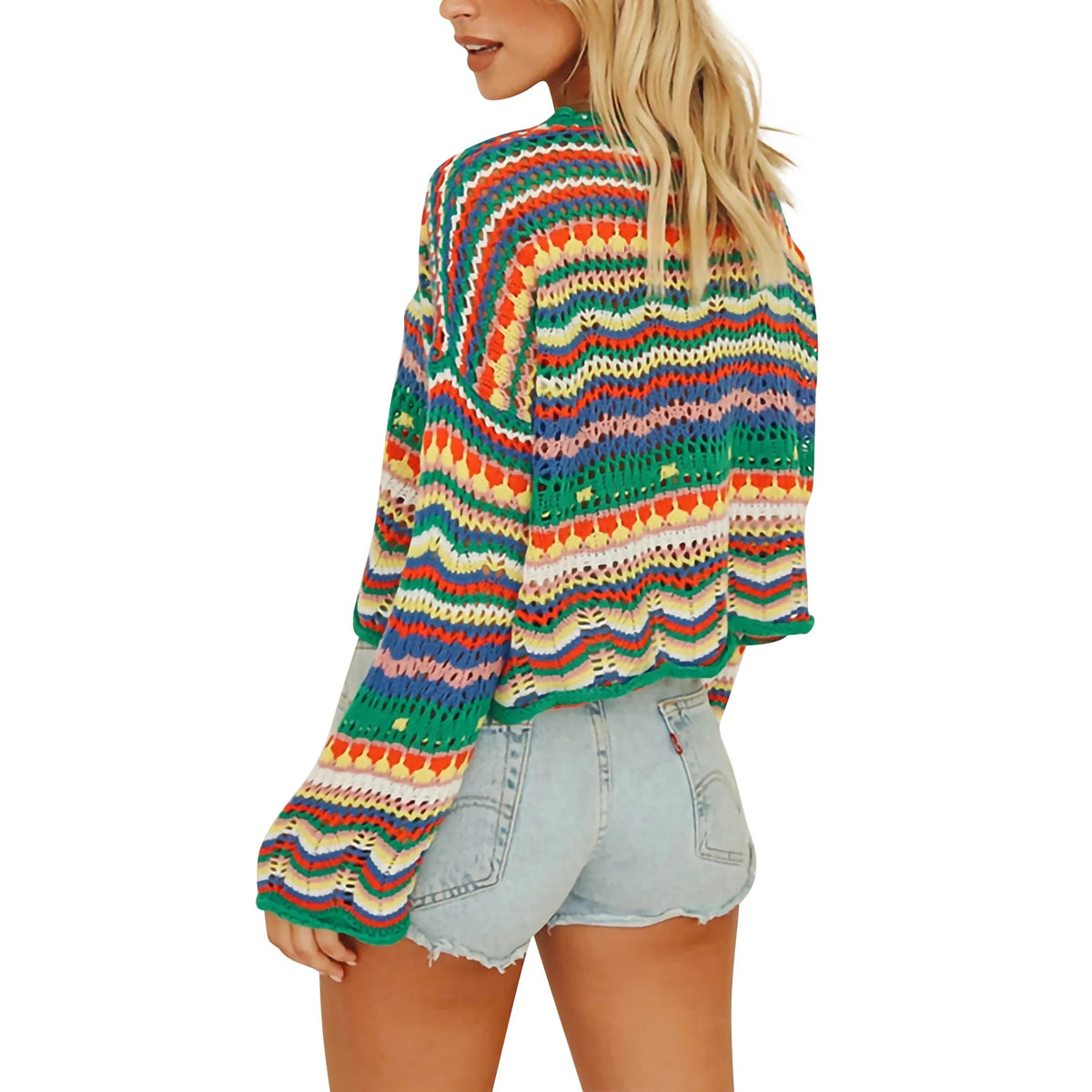 Meihuida Women's Loose Fit Sweater with Hollow Variegated Color and Long Flared