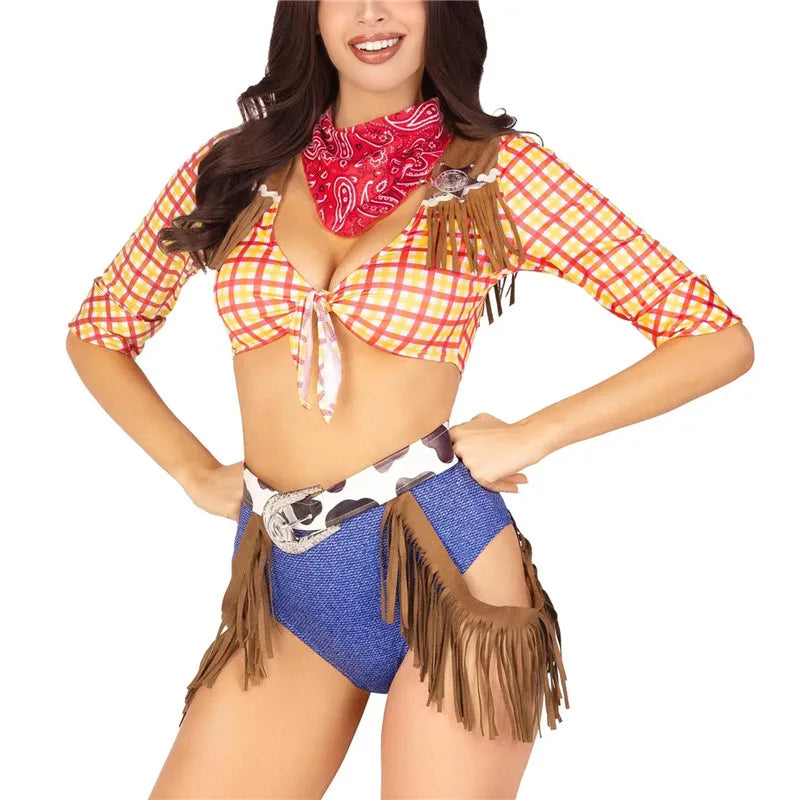 Women Sexy Cowgirl Costume Plaid Fringe Crop Top High Cut Shorts With Bandana Belt Cosplay Outfit Halloween Carnival Party Set