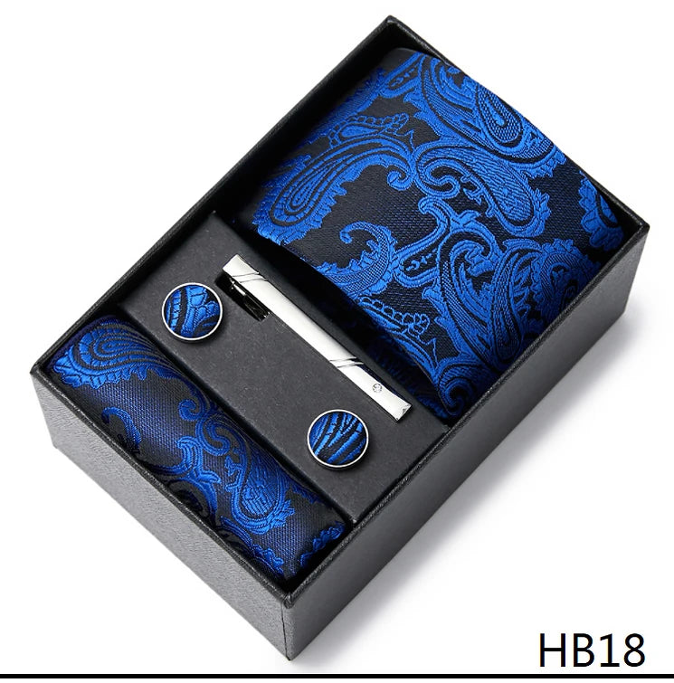 2023 Mode 7,5 cm breite Krawatten-Sets, schwarze Herren-Krawatte, Einstecktuch, Manschettenknöpfe, Krawattenklammer, Box, Hochzeitsgeschenk, handgefertigte Krawatte, Arbeitskleidung