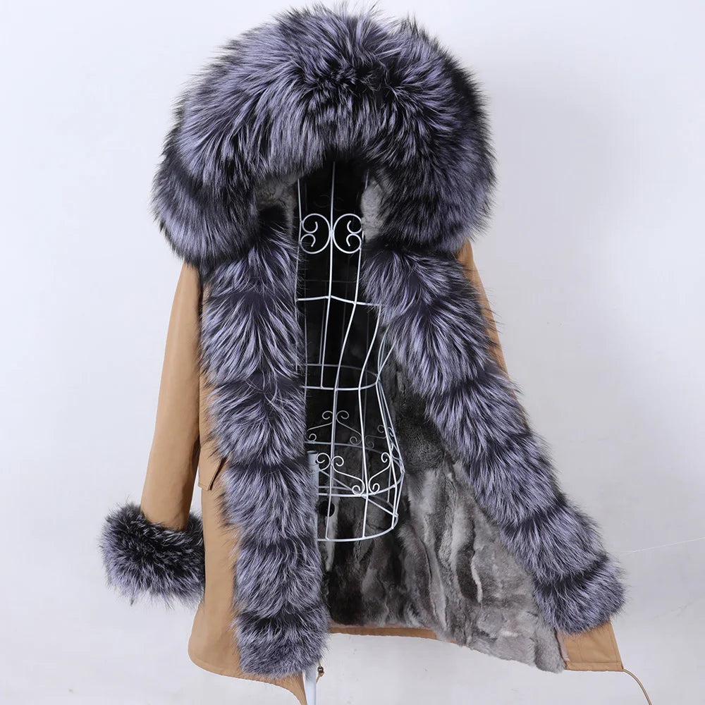 MAOMAOKONG 2026 Removable Real Fox Fur Collar Coats Woman Winter Jacket Hooded Rabbit Fur Lining Long Parkas Female Clothes