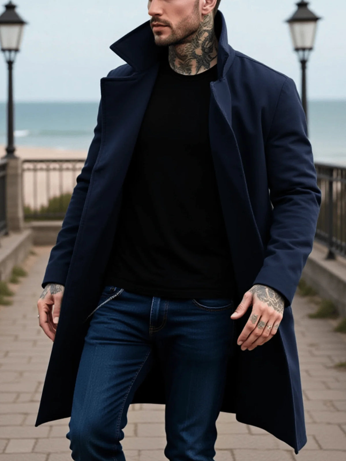 Men's Woolen Double Breasted Mid-Length Winter Coat with Lining