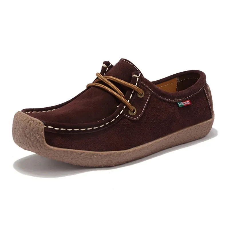 BEYARNE Brand Women Genuine Leather Flat Shoes Lace Up Sneakers Autumn Oxford Shoes Female Loafers Casual Suede Flats Stitching