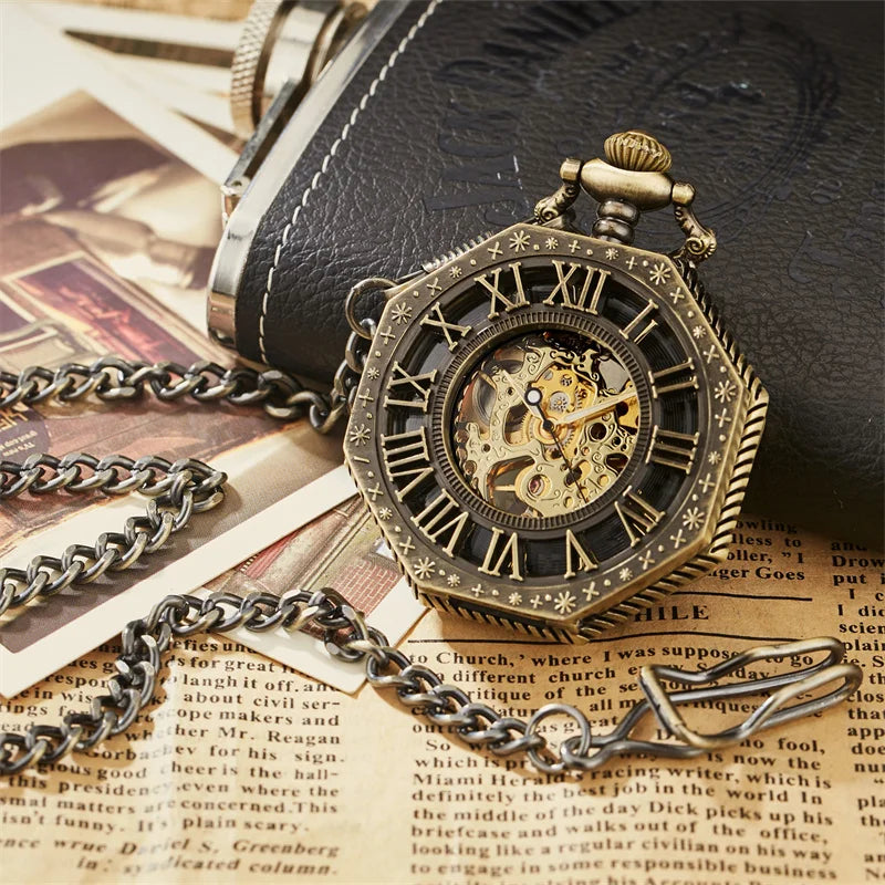 Classic Hexagonal Mechanical Pocket Watch FOB Chain Steampunk Roman Dial Skeleton Gold Hollow Steel Men's Pocket Watch