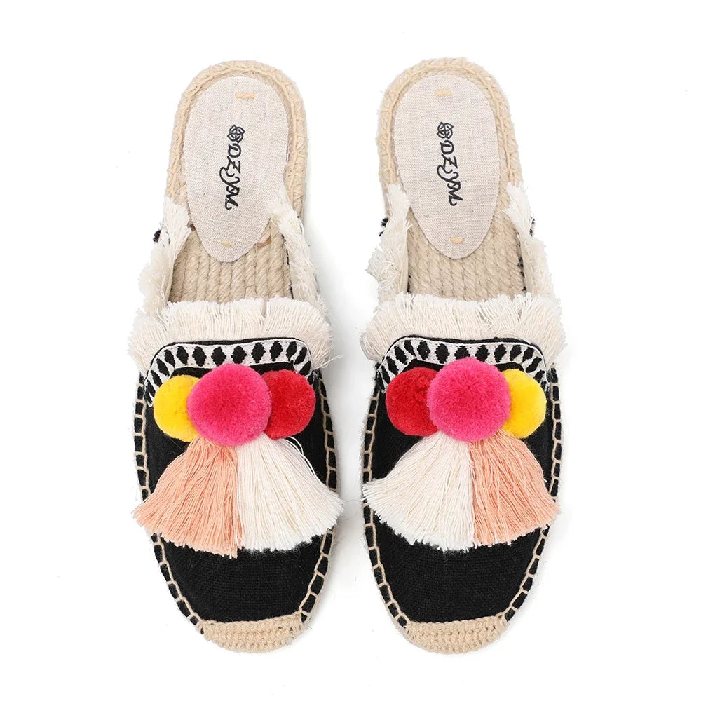 Women's Slippers  Espadrilles  Fluffy Ball Mule Slides Sale -  Rubber Hemp Shoes Outside Spring  Women  Sandals