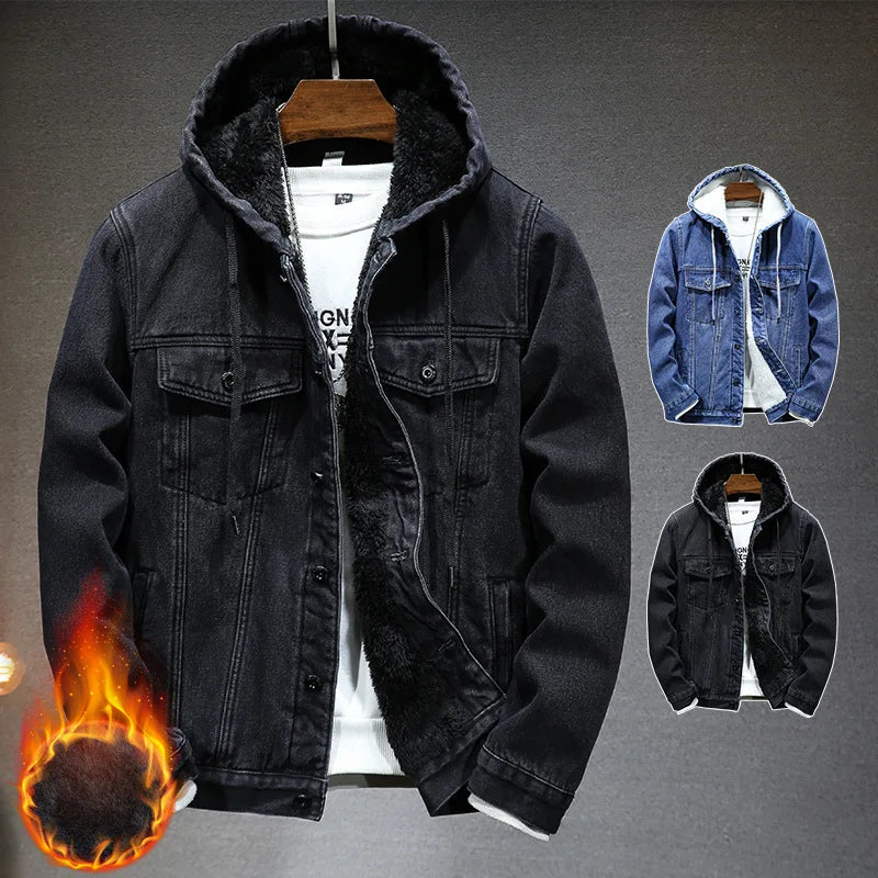 Thicker Winter Jacket Men Warmer Hooded Denim Lambswool Hooded and Padded Denim Jacket Imitation Lamb Wool Fleece Mens Clothes