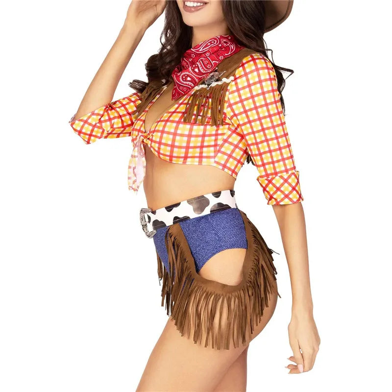 Women Sexy Cowgirl Costume Plaid Fringe Crop Top High Cut Shorts With Bandana Belt Cosplay Outfit Halloween Carnival Party Set
