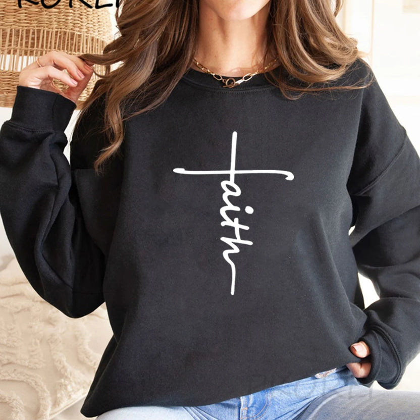 Bluza z napisem Faith chrześcijańska odzież bluza z kapturem Faith Cross damska bluza z okrągłym dekoltem religijny top bluza z długim rękawem z kapturem