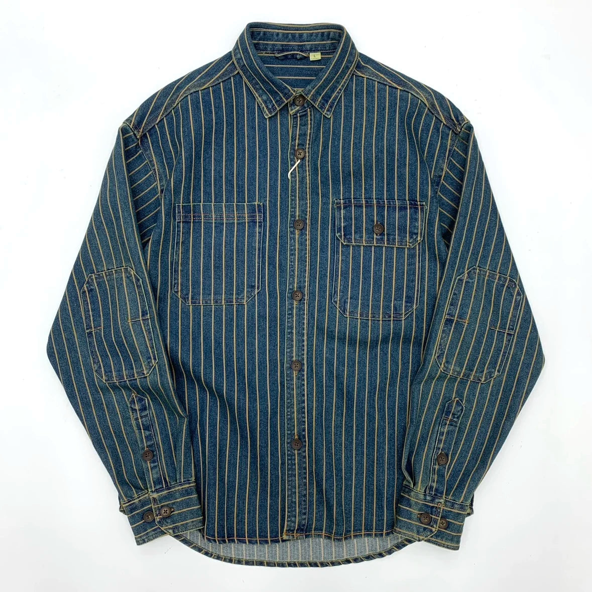 Chaqueta camisa de mezclilla a rayas estilo retro americano pesado, otoño 2025, para hombre, 100% algodón, estilo vintage lavado, abrigo casual holgado