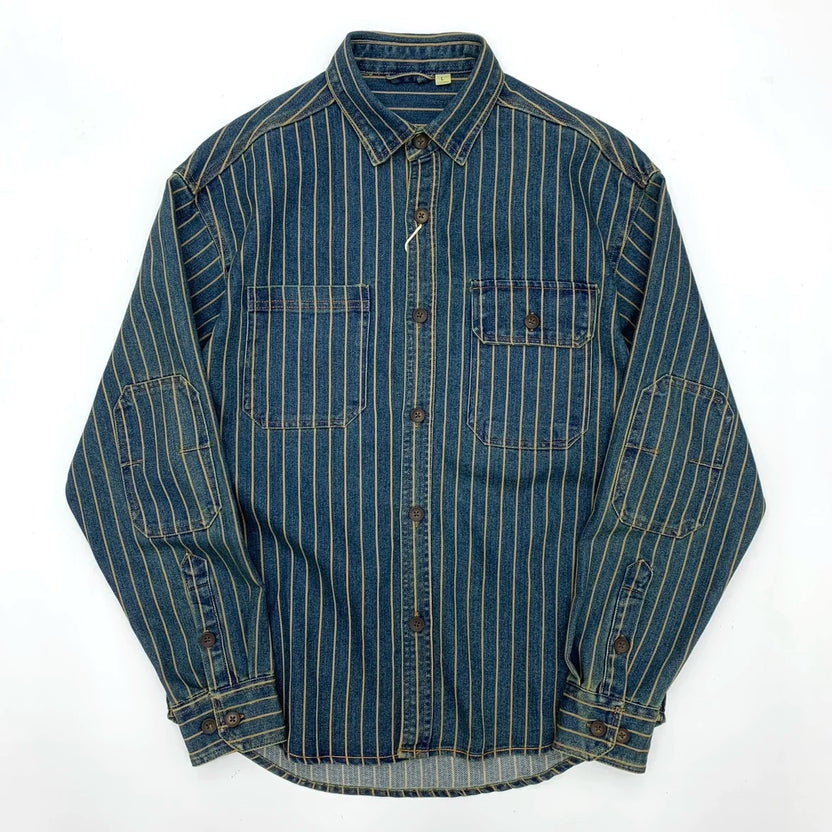 2025 Höst Ny Amerikansk Retro Tung Randig Denim Skjortjacka Herr 100% Bomull Tvättad Gammaldags Lös Fritidsjacka