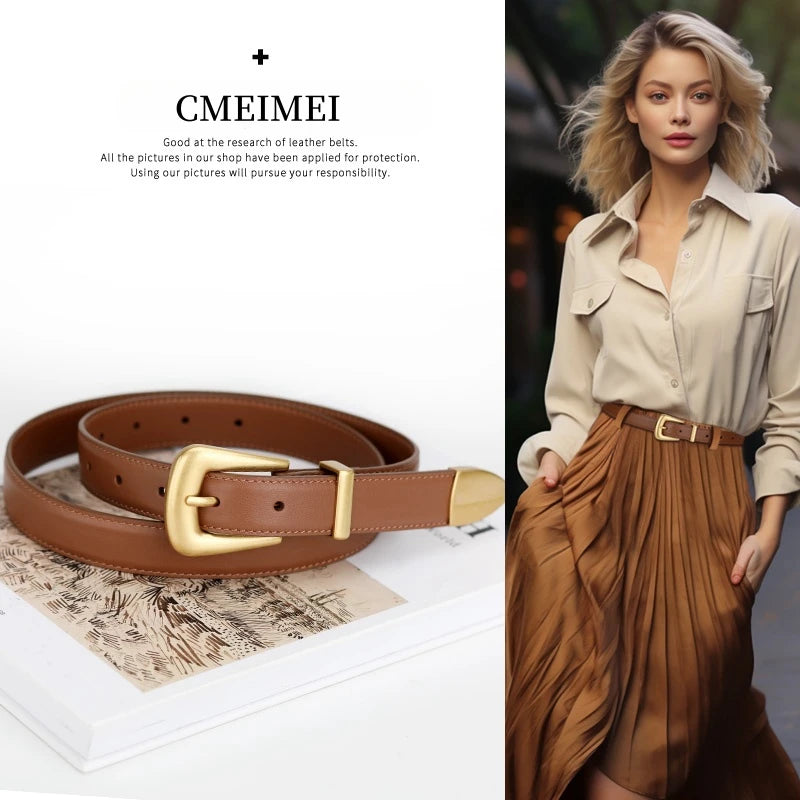 Genuine Leather Belt for Women Burgundy Leather With Gold Metal Buckle Luxury Casual Fashion Belts for Jeans Dresses