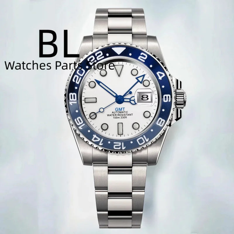 BLIGER 40mm Customizable Logo Blue GMT Watch for Men Black White Dial Green Luminous Sapphire Glass Waterproof Reloj Hombre Date