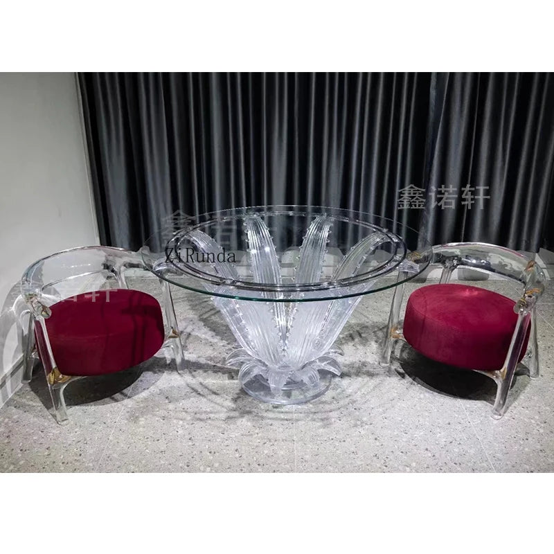 Mesa de comedor de resina transparente de alta calidad, mesa de centro tipo pétalo, mesa redonda de cristal