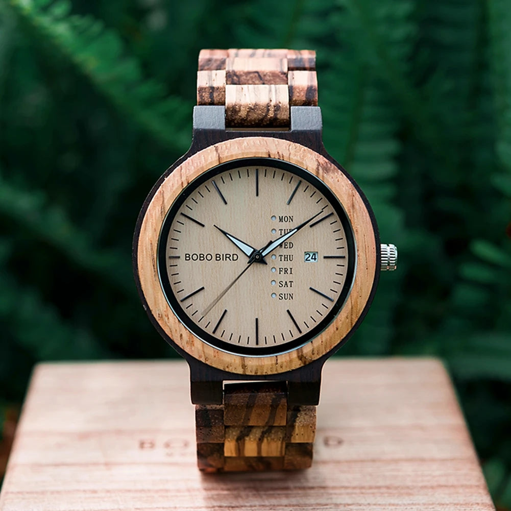 BOBO BIRD Wooden Men Watch Fashion Business Week and Date Display Quartz Timepiece Customize Logo Great Gift Relogio Masculino