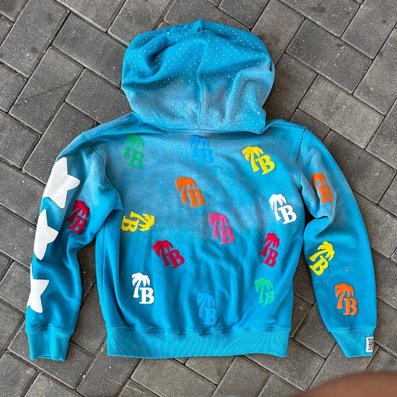 Luźna, wygodna bluza z kapturem w stylu retro Y2K, zapinana na zamek, z modnym wzorem liter, unisex