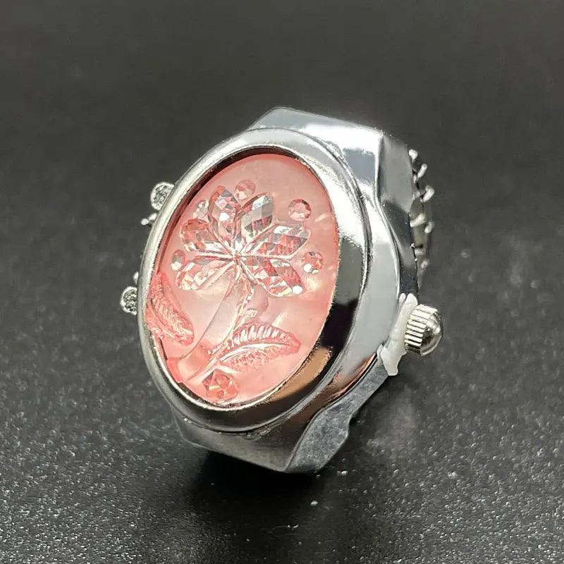 Fashion Women Ring Watch Elliptical Stereo Flower Ladies Clamshell Watches Adjustable Rings Quartz Watches Gifts for Women Ring