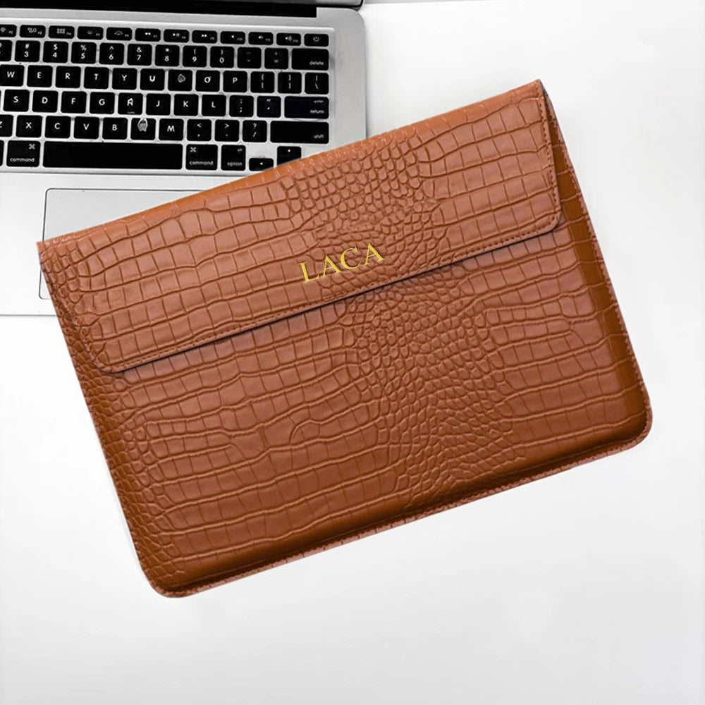 Customized Letter Crocodile PU Leather Men's Laptop Case Bag 13.3/15.4 Pro Laptop Stand Cover Case, Unisex