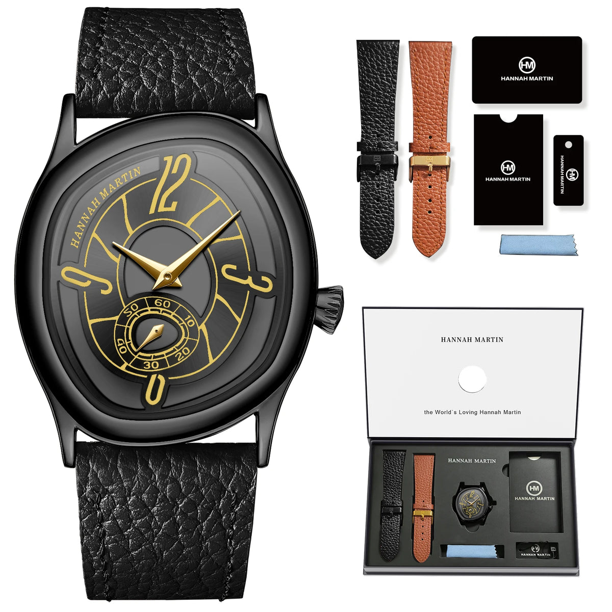 HANNAH MARTIN Women & Men Watch 40mm Timing Sub Dial Couple Luxury Brand Quartz Movement Black Gift Box Wristwatch 1Set Relogio