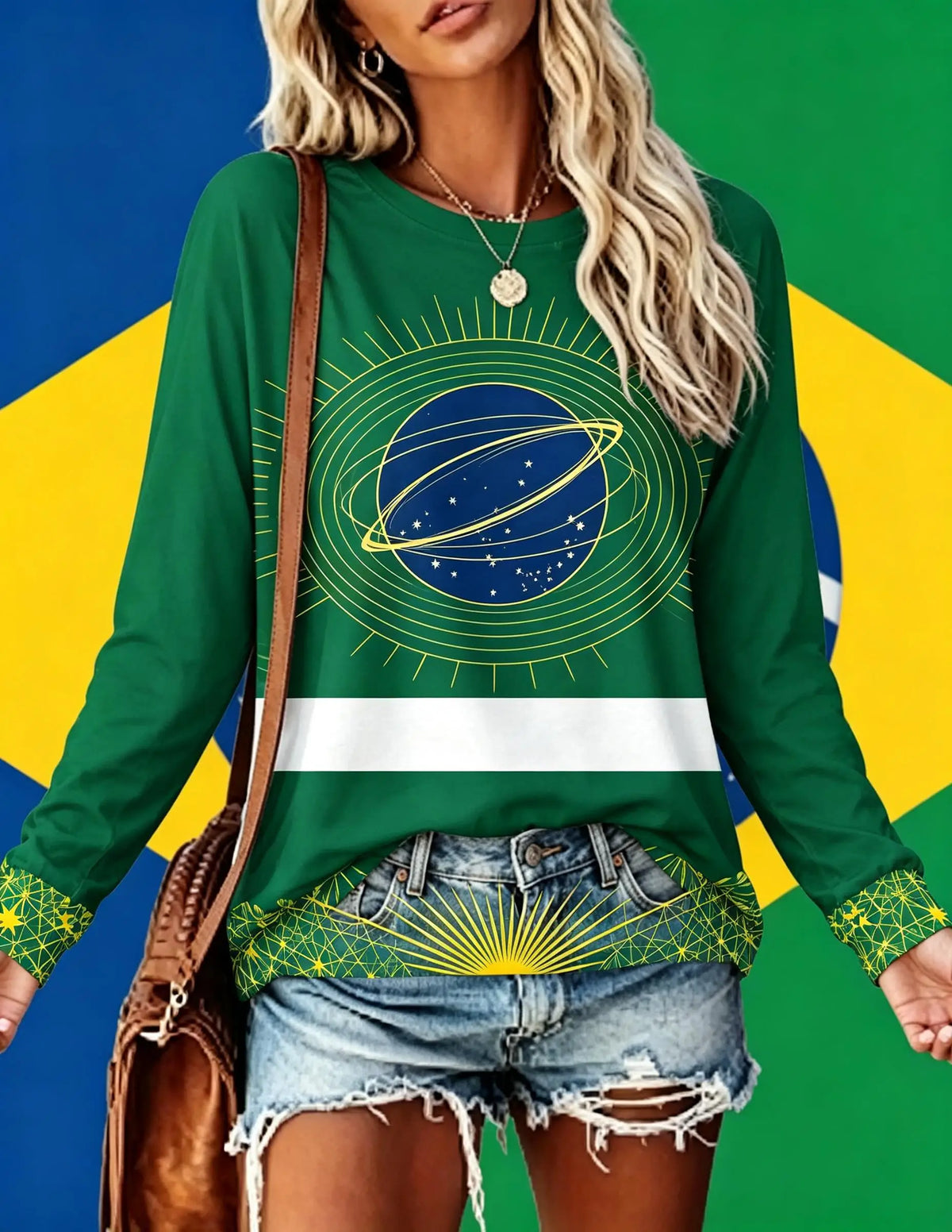 Women Long Sleeve T Shirt Brazil Flag Tropical Palm Leaf Star Print Crew Neck Casual Summer Fall Tops