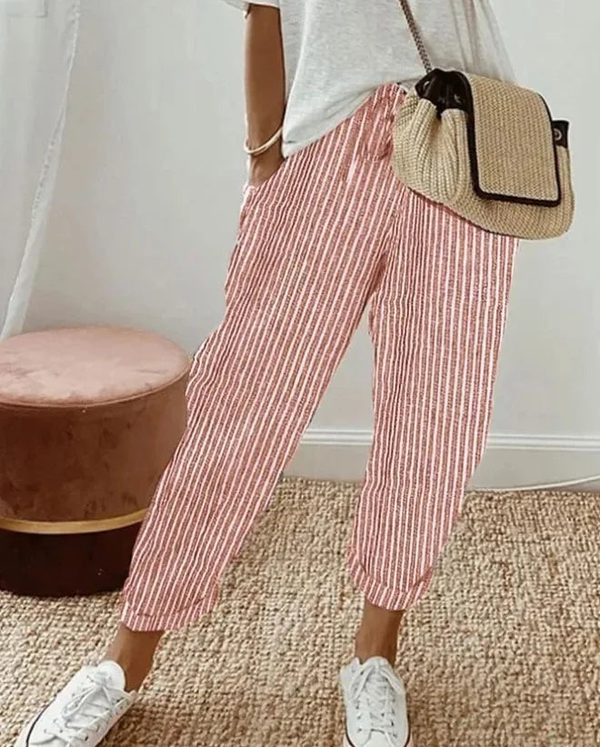 European and American Cross Border Women's Summer New Fashionable Loose Stripe Printed Elastic Waist Drawstring Casual Pants