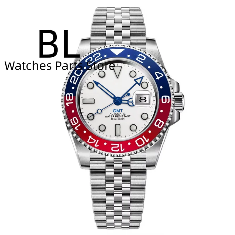 BLIGER 40mm Customizable Logo Blue GMT Watch for Men Black White Dial Green Luminous Sapphire Glass Waterproof Reloj Hombre Date