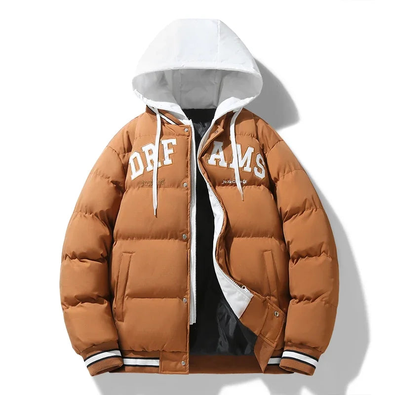 Męska kurtka modowa na zamek, nowa ciepła kurtka, streetwear, zimowa parka z kapturem dla par, gruby ocieplany płaszcz bawełniany, młodzieżowa kurtka