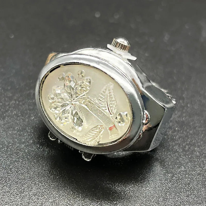 Fashion Women Ring Watch Elliptical Stereo Flower Ladies Clamshell Watches Adjustable Rings Quartz Watches Gifts for Women Ring