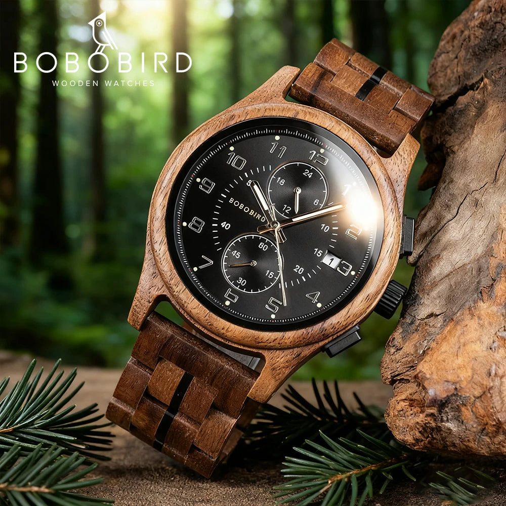 BOBO BIRD Wood Watch Men Business Quartz Watches Engraved Wooden Chronograph Wristwatch With Date Display Custom Reloj Madera