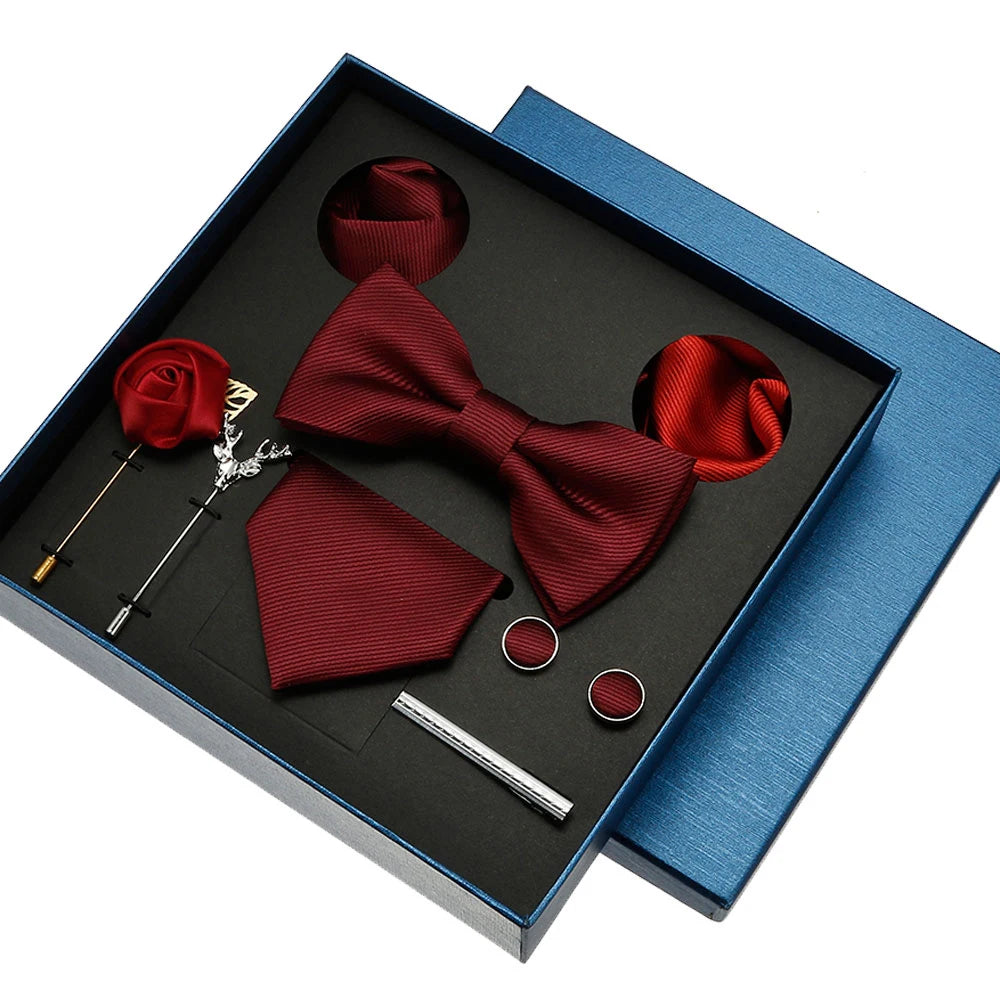 Men Tie Silk Necktie Man Bowtie Hanky Brooches Cufflinks and Tie Clip for Men Accessories Red Burgundy Wedding Tie Gifts Set