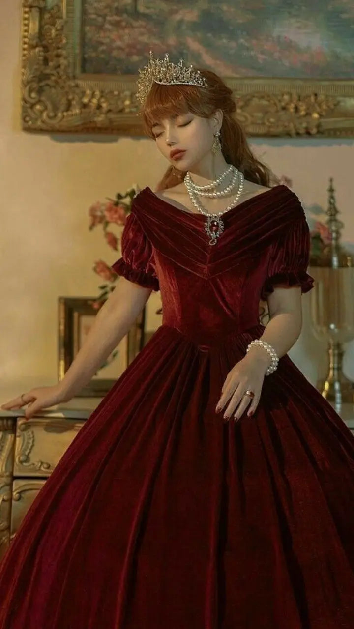 Victorian Red Velvet Dress Custom Made Vintage Gothic Ball Gown
