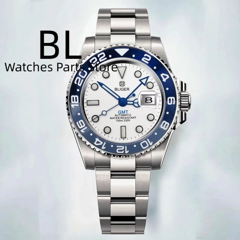 BLIGER 40mm Customizable Logo Blue GMT Watch for Men Black White Dial Green Luminous Sapphire Glass Waterproof Reloj Hombre Date