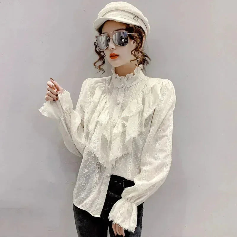 Blusa de chifón blanca de manga larga para mujer con cuello alto y corte holgado