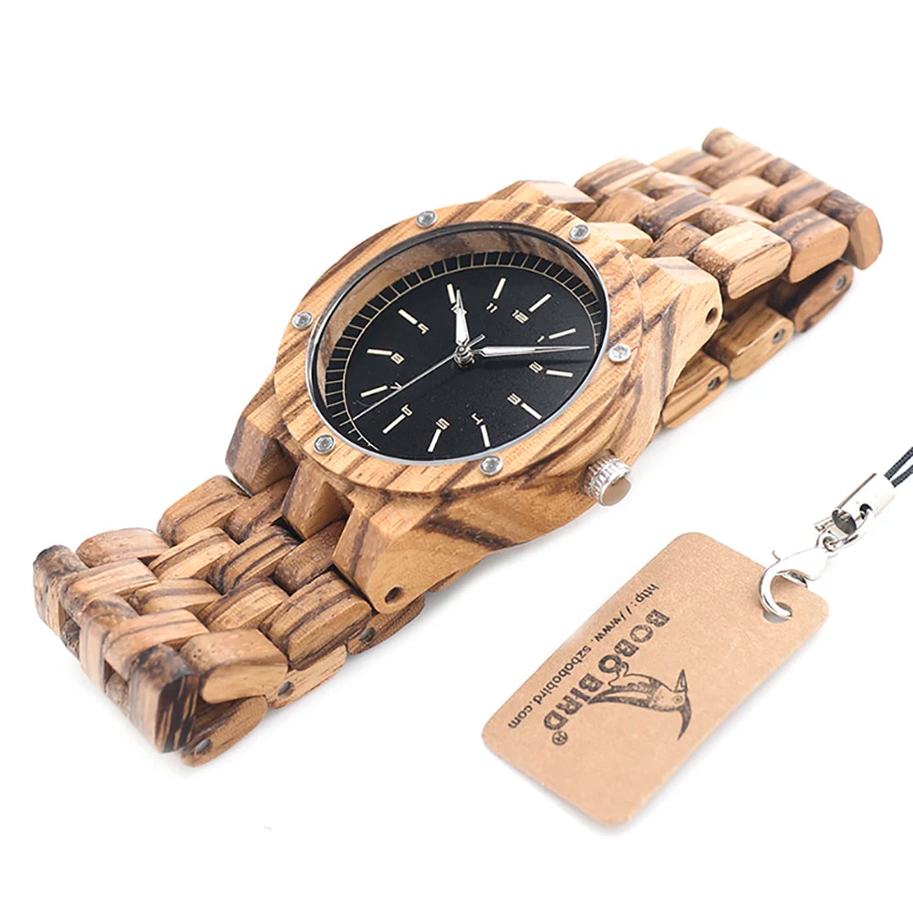 Clearance Men's Wooden Watch Custom Name Logo Men's Quartz Wrist Watch Zebra Wood Strap Personalize Fashion Man Watches Gift