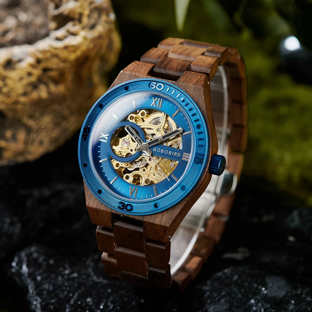 Top Luxury Men's Watches BOBO BIRD Mechanical Wristwatch Wooden Relogio Masculino Custom Father's Day Gift Wooden Box