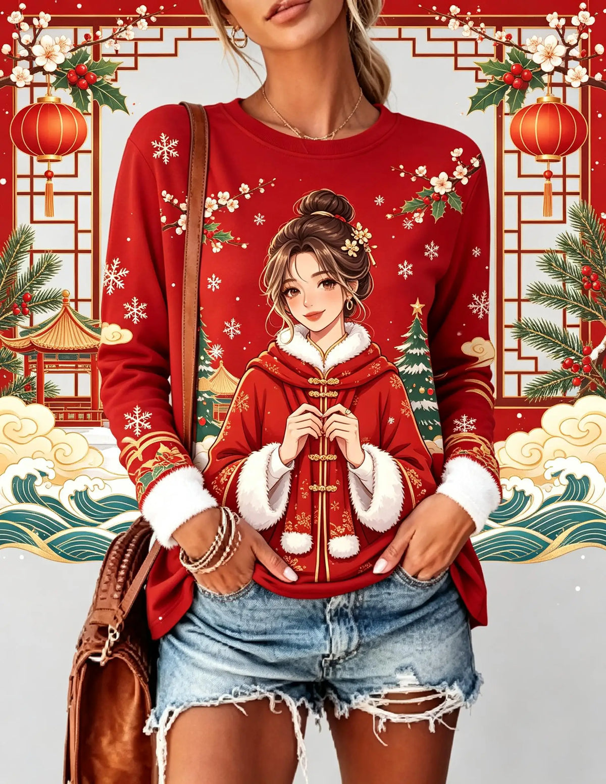 Women Christmas Long Sleeve T‑Shirt Chinese Style Beauty Lantern Plum Blossom Winter Print Crew Neck Tops