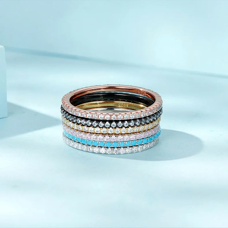 BAMOER 925 Sterling Silver Full Zircons Band Ring Rainbow CZ Geometric Stackable Circle Rings for Women Wedding Jewelry Gift
