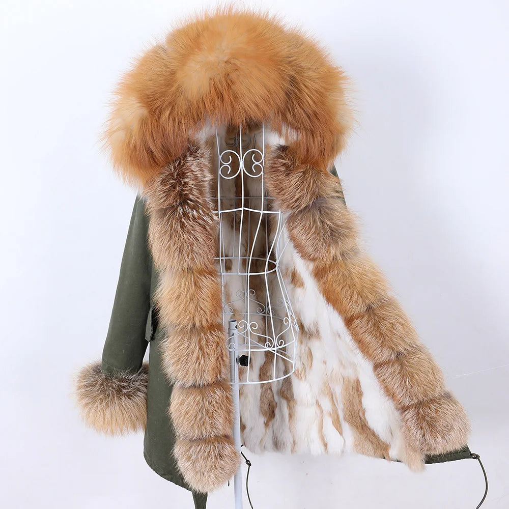 MAOMAOKONG 2026 Removable Real Fox Fur Collar Coats Woman Winter Jacket Hooded Rabbit Fur Lining Long Parkas Female Clothes
