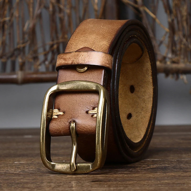 Cinturón de cuero vacuno auténtico de 3,8 cm de grosor con hebilla de cobre para hombre, estilo casual, retro, de alta calidad y lujo.