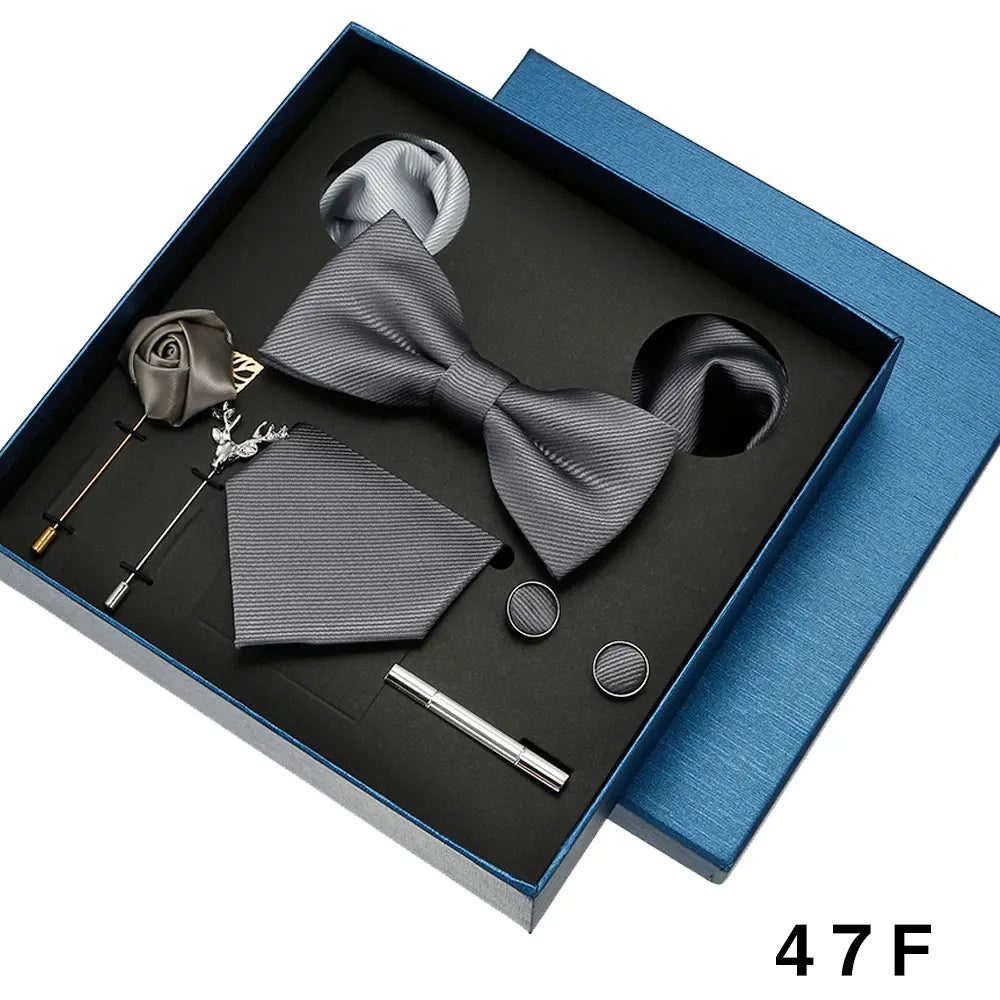 Men Tie Silk Necktie Man Bowtie Hanky Brooches Cufflinks and Tie Clip for Men Accessories Red Burgundy Wedding Tie Gifts Set