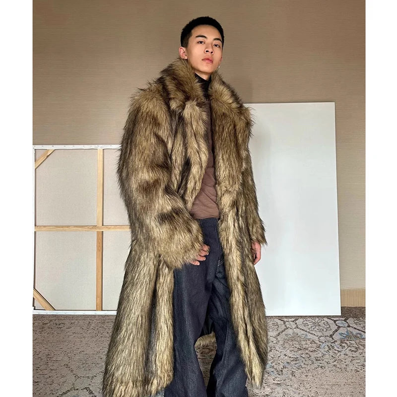 Abrigo de piel para hombre, piel de lobo, piel de zorro, abrigo largo con solapa, cortavientos de invierno cálido y resistente al viento, talla grande