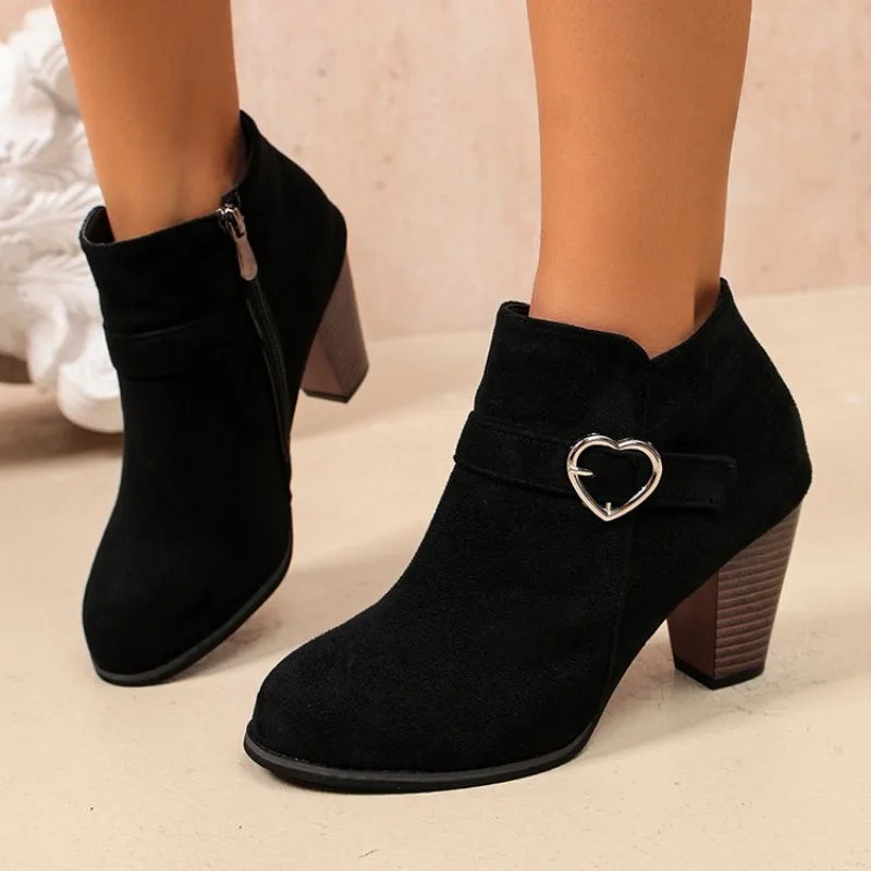 Botines de mujer efecto gamuza, punta redonda, tacón cuadrado y cremallera lateral