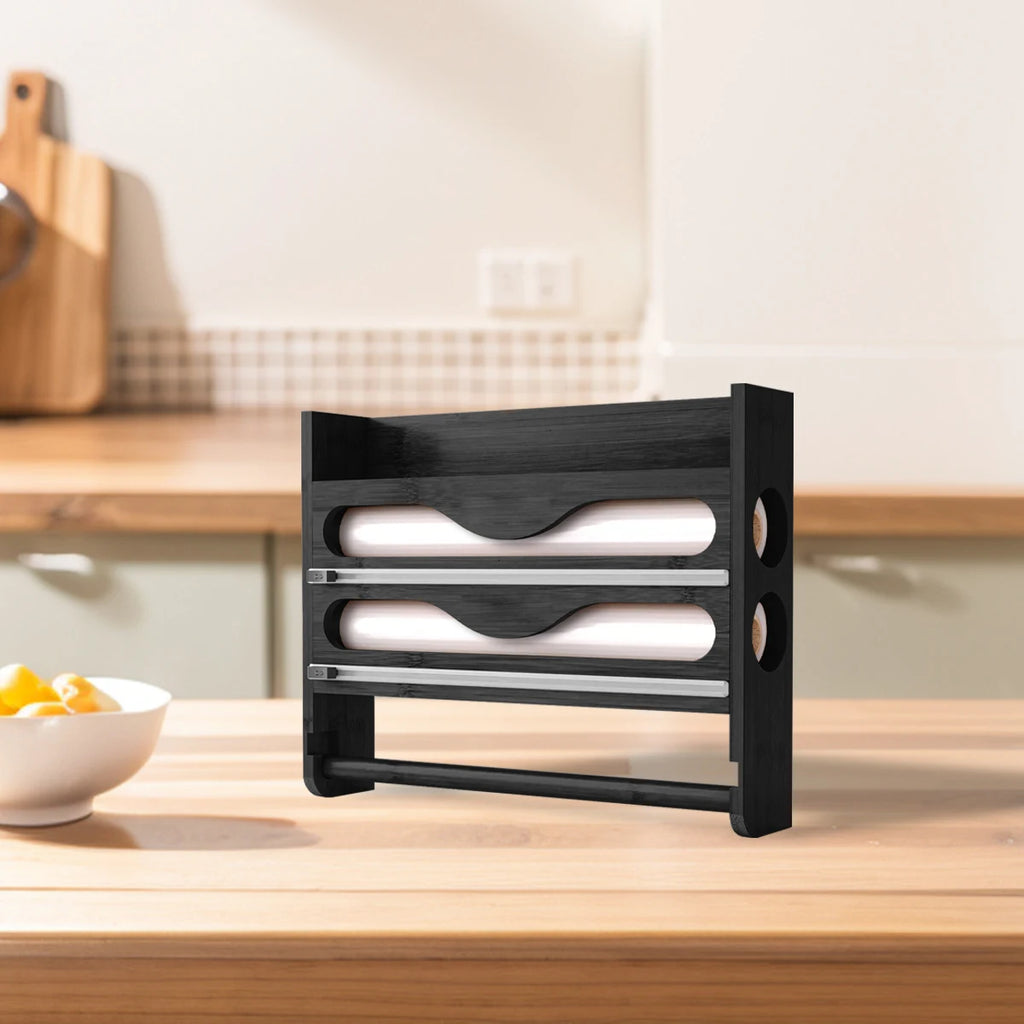 Caja de almacenamiento de bambú de 2 compartimentos con soporte para papel toalla de pared y cortador - Organizador de papel aluminio y plástico para cocina