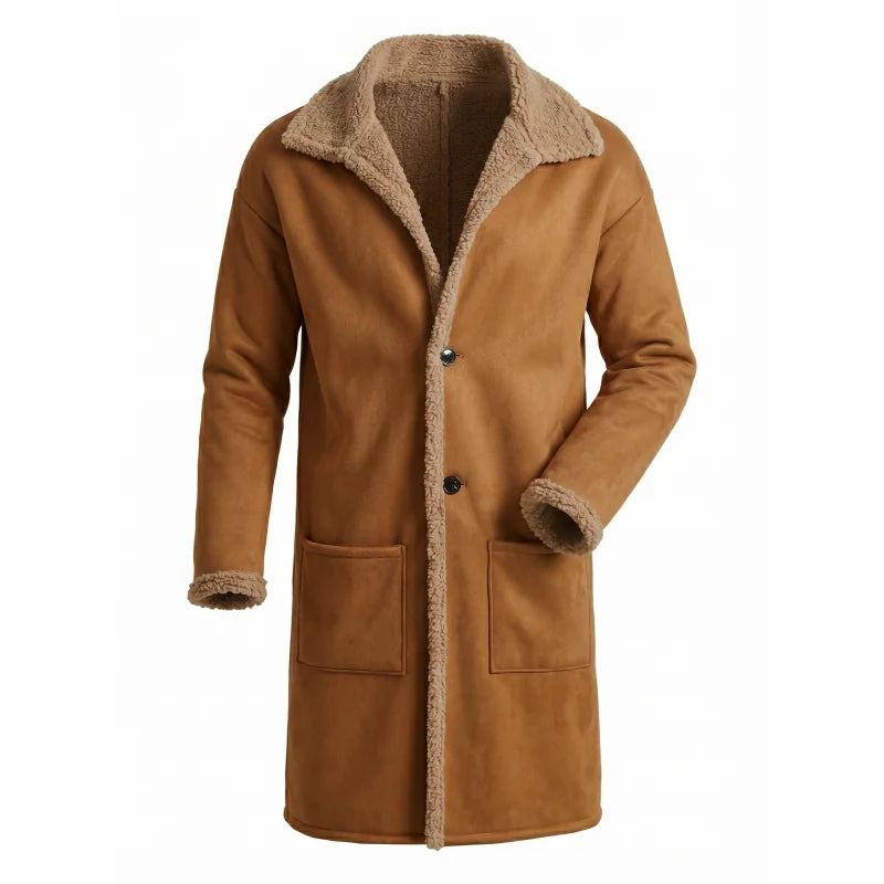 Men's Plus-Size Winter Long Fleece Coat with Turn-Down Collar