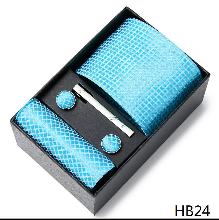 2023 Mode 7,5 cm breite Krawatten-Sets, schwarze Herren-Krawatte, Einstecktuch, Manschettenknöpfe, Krawattenklammer, Box, Hochzeitsgeschenk, handgefertigte Krawatte, Arbeitskleidung