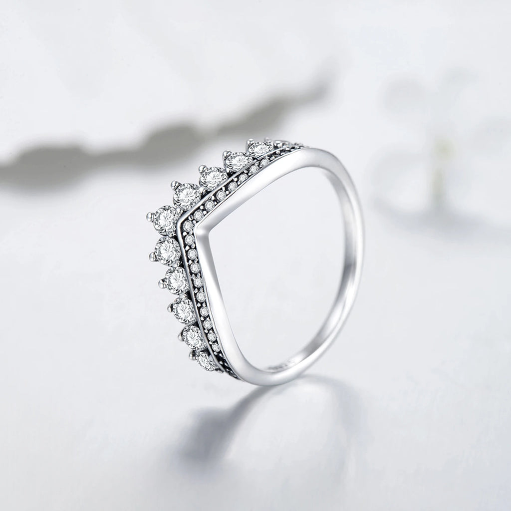 Modian Fashion 100% Real 925 Sterling Zircon Crown Finger Ring Classic Stackable Silver Jewelry for Women Wedding Christmas Gift