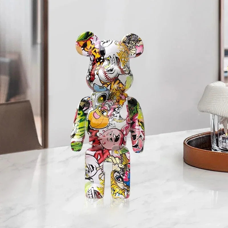 Figura de oso de grafiti de 27 cm/10 pulgadas, decoración del hogar, adorno abstracto de animal, alcancía, escultura moderna para habitación, decoración de mesa