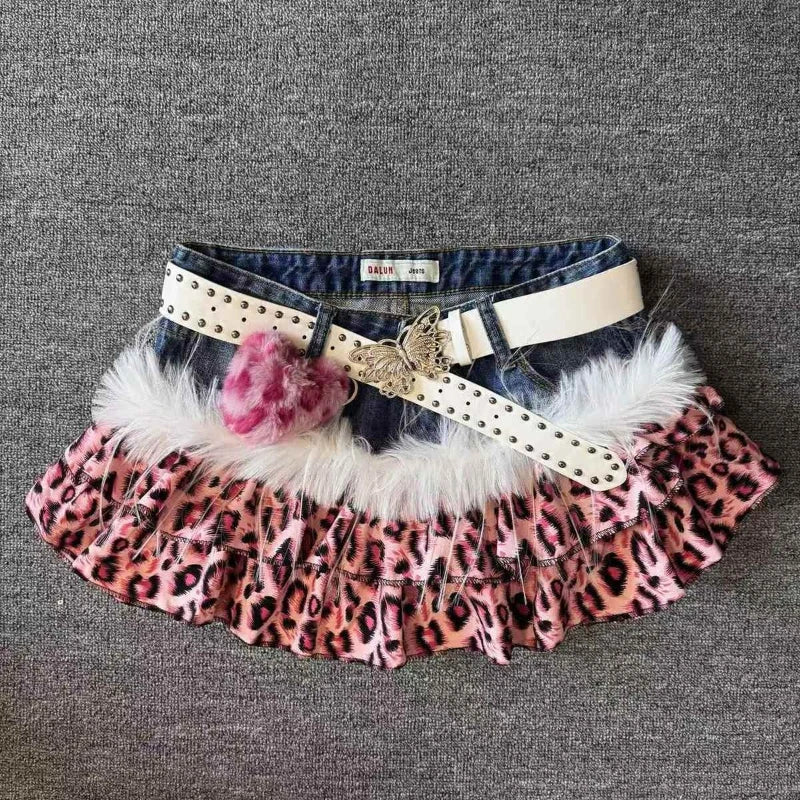 Leopard Patchwork Denim Mini Skirt High Rise Slim Fit for Women